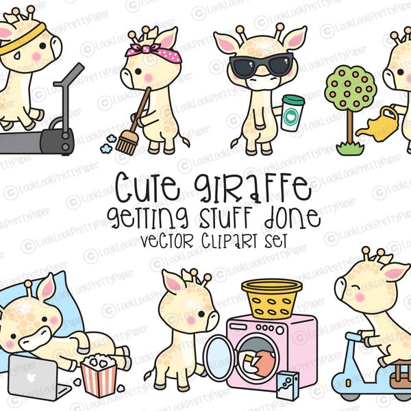 Premium Vector Clipart - Kawaii Giraffe - Cute Giraffe Planning Clipart - Instant Download - Kawaii Clipart