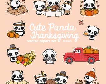 Premium Vector Clipart - Kawaii Thankgiving Pandas - Cute Thangiving Pandas Clipart - High Quality Vectors - Kawaii Thanksgiving Clipart