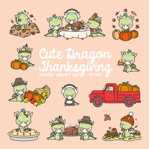 May include: Cute green dragons dressed in Thanksgiving costumes. The dragons are wearing pilgrim hats, chef hats, and Native American headdresses. They are holding pumpkins, pies, and turkeys. The image includes the text "Cute Dragon Thanksgiving vector clipart set 55 FILES".