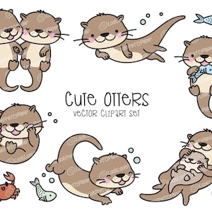 Premium Vector Clipart - Kawaii Otters - Cute Otters Clipart Set - High Quality Vectors - Instant Download - Kawaii Clipart