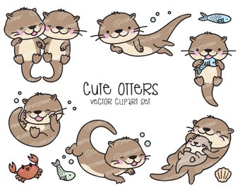 Premium Vector Clipart - Kawaii Otters - Cute Otters Clipart Set - High Quality Vectors - Instant Download - Kawaii Clipart