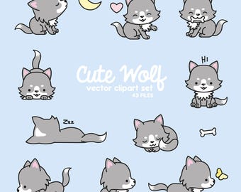 Premium Vector Clipart - Kawaii Wolf - Cute Wolves Clipart Set - High Quality Vectors - Instant Download - Kawaii Clipart
