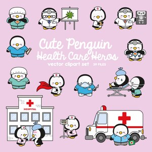 May include: Cute penguin cartoon characters dressed as healthcare professionals.  The penguins are wearing scrubs, doctor coats, and nurse uniforms.  The set includes a hospital building, an ambulance, and medical equipment.  The text "Cute Penguin Health Care Heros" is written in a whimsical font.  Vector clipart set 39 files.