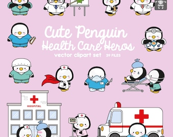 May include: Cute penguin cartoon characters dressed as healthcare professionals.  The penguins are wearing scrubs, doctor coats, and nurse uniforms.  The set includes a hospital building, an ambulance, and medical equipment.  The text "Cute Penguin Health Care Heros" is written in a whimsical font.  Vector clipart set 39 files.