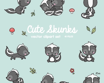Premium Vector Clipart - Kawaii Skunks - Cute Skunks Clipart Set - High Quality Vectors - Instant Download - Kawaii Clipart