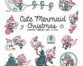 Premium Vector Clipart - Kawaii Christmas Mermaids - Cute Christmas Mermaid Clipart Set - Darker Skin Tone - Kawaii Christmas Clipart
