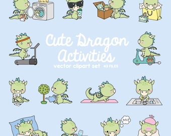 Premium Vector Clipart - Kawaii Dragon - Cute Dragons Planning Clipart - Instant Download - Kawaii Clipart
