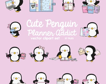 Premium Vector Clipart - Kawaii Penguin - Cute Penguin Planner Addict Clipart - Penguins Loves Planning - Instant Download - Kawaii Clipart