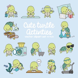 Imágenes prediseñadas vectoriales premium: tortuga kawaii: linda tortuga marina planeando imágenes prediseñadas: descarga instantánea: imágenes prediseñadas kawaii