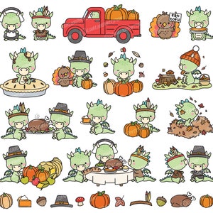 May include: A set of 16 digital clipart images featuring cute green dragons dressed in various Thanksgiving outfits. The dragons are holding pumpkins, turkeys, and other Thanksgiving-themed items. The images are perfect for creating Thanksgiving cards, invitations, and other crafts.