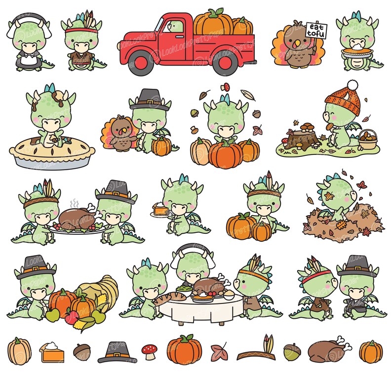 May include: A set of 16 digital clipart images featuring cute green dragons dressed in various Thanksgiving outfits. The dragons are holding pumpkins, turkeys, and other Thanksgiving-themed items. The images are perfect for creating Thanksgiving cards, invitations, and other crafts.