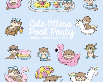 Premium Vektor Clipart - Kawaii Otter - Süßer Otter Pool Party Clipart - Pool Party - Instant Download - Kawaii Clipart