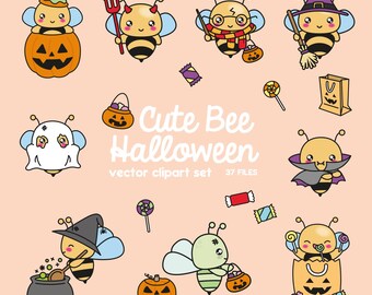Premium Vektor Clipart - Kawaii Halloween Bienen - Süßes Halloween Bienen Clipart Set - Hochwertige Vektoren - Kawaii Halloween Clipart