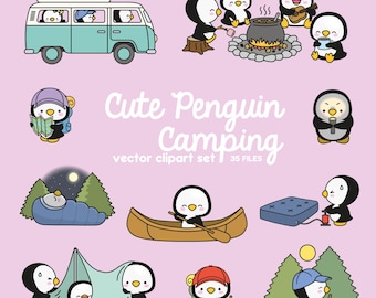 Premium Vector Clipart - Kawaii Penguin - Cute Penguin Camping Clipart Set - Instant Download - Kawaii Clipart