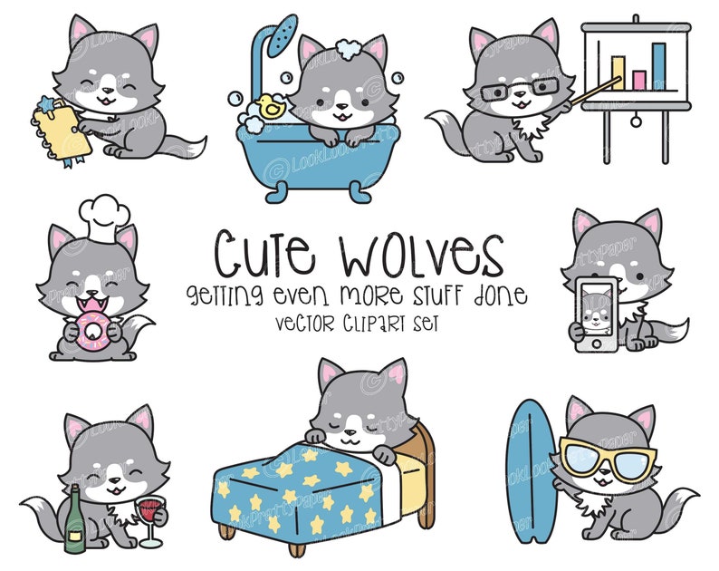Premium Vector Clipart Kawaii Wolf Cute Wolves Clipart Etsy