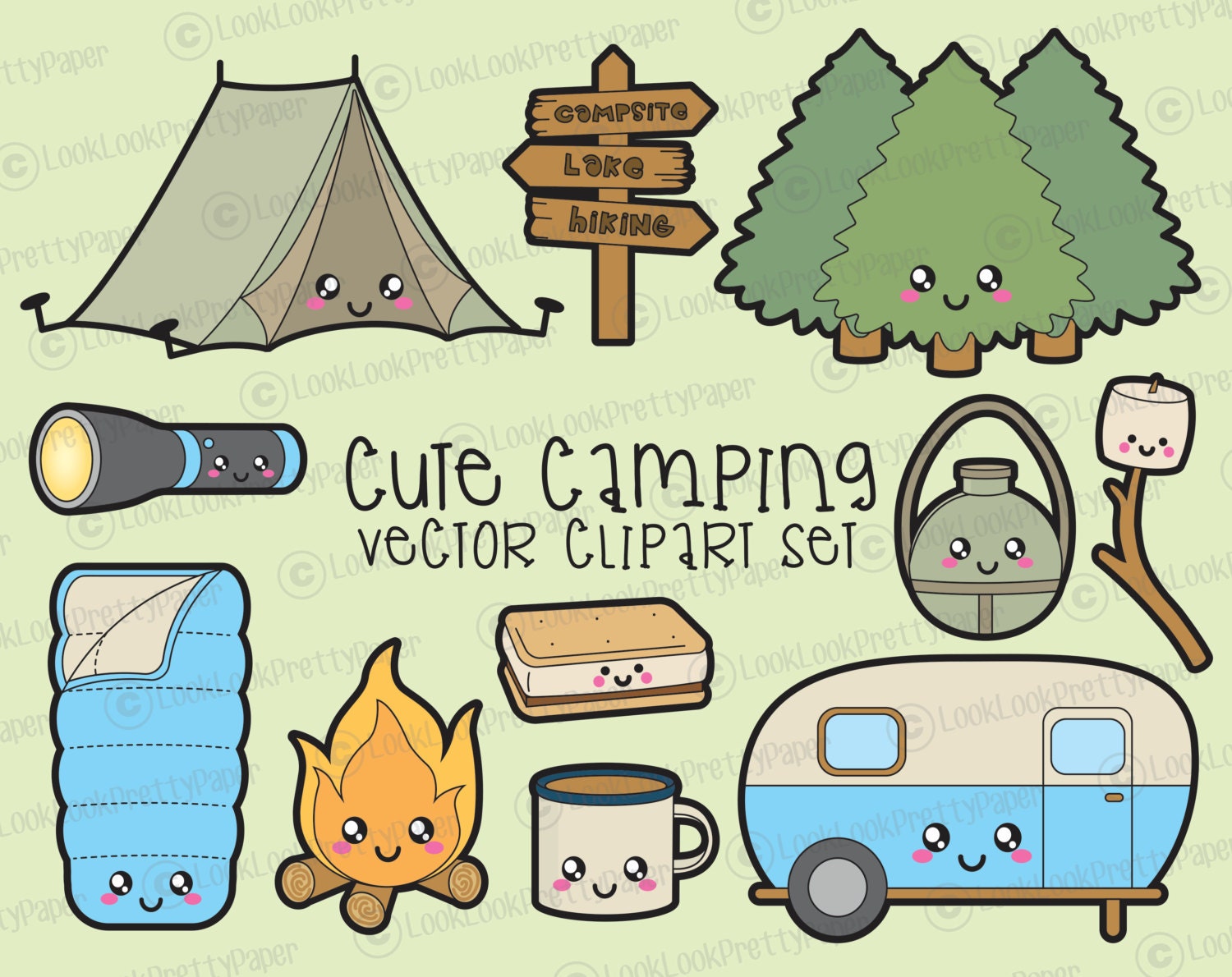 Cute CAMPING Clipart, Kawaii Clipart, Cute Vector, Doodle Clipart, Cute ...