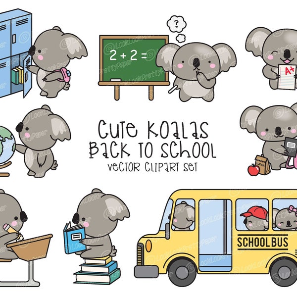 Premium Vector Clipart - Kawaii Koalas Back To School - Cute Koalas Clipart Set - High Quality Vectors - Kawaii School Clipart