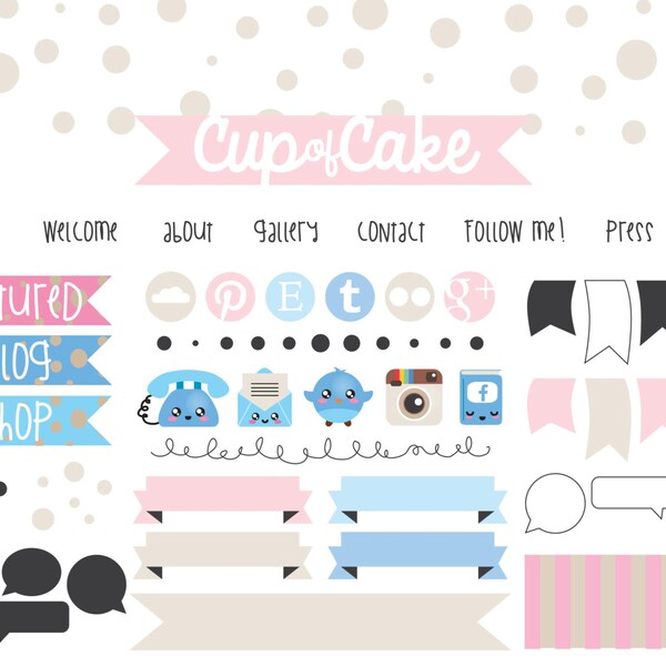 Blog Design Kit -  blog design elements - Branding Kit, Vector Files - blog buttons, web buttons - social media icons - kawaii - cute blog