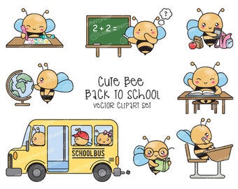 Premium Vector Clipart - Kawaii Bees Back To School - Cute Bees Clipart Set - High Quality Vectors - Kawaii School Clipart