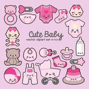 Peut inclure: Un ensemble de 53 illustrations clipart sur le th&egrave;me de b&eacute;b&eacute; fille en rose et blanc. Les illustrations comprennent un b&eacute;b&eacute; en couche, un biberon, un hochet, une bavette, une sucette, une poussette, un ballon, un body, une salopette, une chaussette, un chapeau et une paire de chaussons. Les illustrations sont toutes dans un style cartoon mignon.