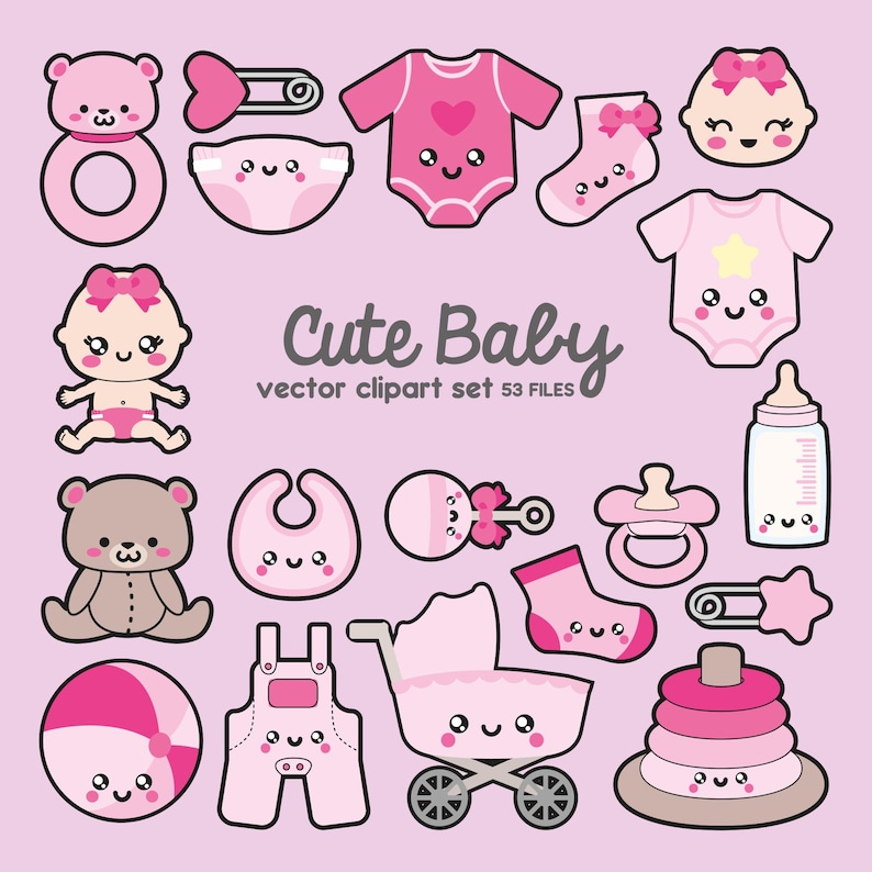 Peut inclure: Un ensemble de 53 illustrations clipart sur le th&egrave;me de b&eacute;b&eacute; fille en rose et blanc. Les illustrations comprennent un b&eacute;b&eacute; en couche, un biberon, un hochet, une bavette, une sucette, une poussette, un ballon, un body, une salopette, une chaussette, un chapeau et une paire de chaussons. Les illustrations sont toutes dans un style cartoon mignon.