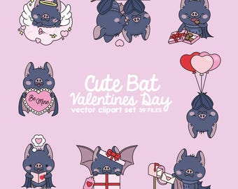 Premium Vector Clipart - Kawaii Valentines Day Bat - Valentines Day Bat Clipart - High Quality Vectors - Cute Valentines Day Clipart