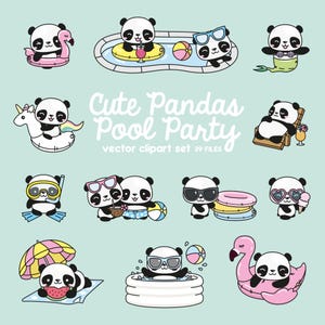 Clipart vettoriali premium - Kawaii Panda - Clipart carino panda festa in piscina - Festa in piscina - Download immediato - Clipart kawaii