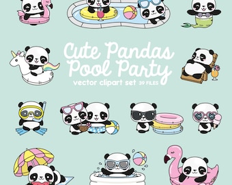 Premium Vector Clipart - Kawaii Panda - Cute Panda Pool Party Clipart - Pool Party - Instant Download - Kawaii Clipart