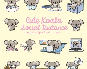 Premium Vektor Clipart - Kawaii Koala - Süße Koala Social Distancing Clipart - Koalas Lockdown - Sofortiger Download - Kawaii Clipart