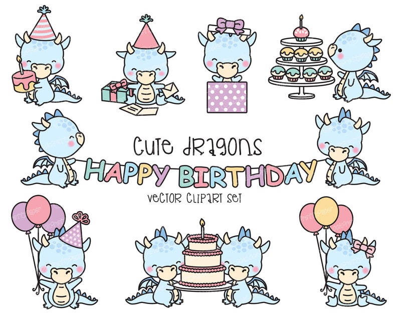 Kawaii Christmas Clipart Premium Vector Clipart Kawaii Blue Birthday Dragons Cute Birthday Dragons Clipart Set High Quality Vectors
