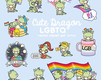 May include: A set of 10 digital clipart images featuring cute cartoon dragons in various poses and settings. The dragons are all green with pink accents and are holding rainbow flags, hearts, and other LGBTQ+ symbols. The text "Cute Dragon LGBTQ" is written in a colorful font at the top of the image.