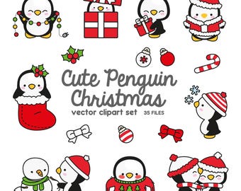Premium Vector Clipart - Kawaii Christmas Penguins - Cute Christmas Penguins Clipart Set - High Quality Vectors - Kawaii Christmas Clipart