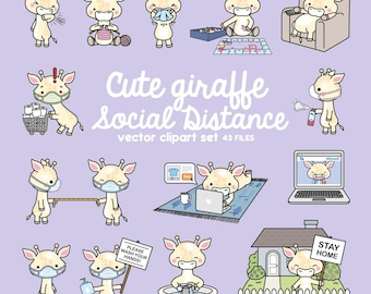 May include: A set of 12 digital illustrations featuring a cute cartoon giraffe practicing social distancing. The illustrations include a giraffe wearing a face mask, washing hands, staying home, and keeping a safe distance from others. The text "Cute giraffe Social Distance" and "vector clipart set 43 FILES" is included in the image.