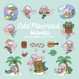 Premium Vector Clipart - Kawaii Mermaid - Cute Mermaid in Hawaii Clipart - Hawaii - Instant Download - Kawaii Clipart
