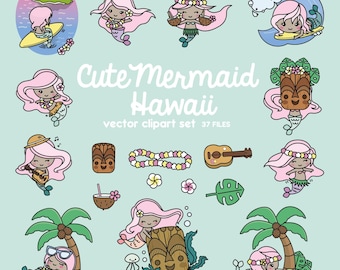 Premium Vector Clipart - Kawaii Mermaid - Cute Mermaid in Hawaii Clipart - Hawaii - Instant Download - Kawaii Clipart