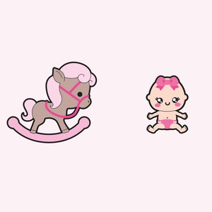 Peut inclure: Un cheval &agrave; bascule rose avec un corps brun et une crini&egrave;re et une queue roses. Un b&eacute;b&eacute; poup&eacute;e rose avec un n&oelig;ud rose sur la t&ecirc;te est &eacute;galement sur l'image.