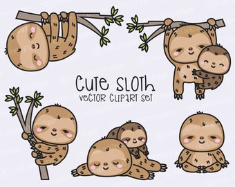 Premium Vector Clipart - Kawaii Sloth - Cute Sloths Clipart Set - High Quality Vectors - Instant Download - Kawaii Clipart