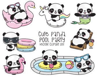 Premium Vector Clipart - Kawaii Panda - Cute Panda Pool Party Clipart - Pool Party - Instant Download - Kawaii Clipart