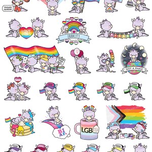 Pu&ograve; includere: Un set di 24 adesivi digitali con simpatici draghi viola con bandiere arcobaleno pride, cuori e slogan come "L'amore vince", "Nato cos&igrave;", "Uguaglianza" e "Non &egrave; una fase".