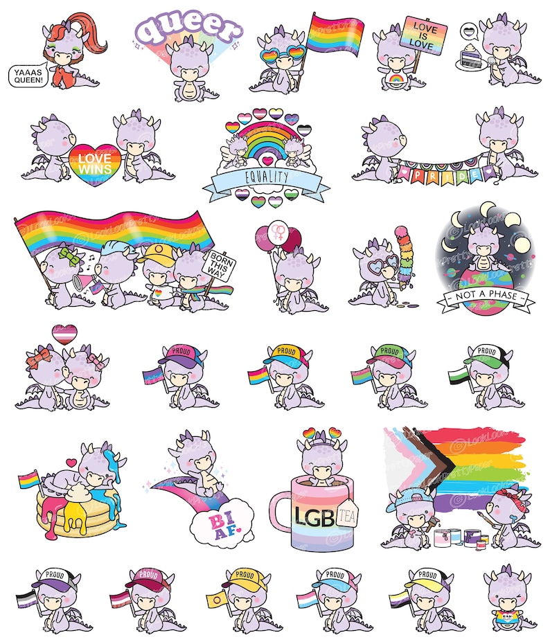 Pu&ograve; includere: Un set di 24 adesivi digitali con simpatici draghi viola con bandiere arcobaleno pride, cuori e slogan come "L'amore vince", "Nato cos&igrave;", "Uguaglianza" e "Non &egrave; una fase".
