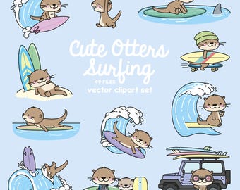 Premium Vector Clipart - Kawaii Otters Surfing - Cute Otters Surf Clipart Set - High Quality Vectors - Instant Download - Kawaii Clipart