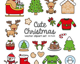 Premium Vektor Clipart - Kawaii Weihnachten - ein weiteres süßen Weihnachten - Clipart Set - hochwertige Vektoren - Sofort Download - Kawaii Clipart