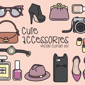 Premium Vector Clipart Pretty Accessories Clipart Kawaii Fashion Clip Art Set High Quality Vectors Instant Download Kawaii Clipart image 1