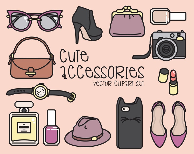 Premium Vector Clipart Pretty Accessories Clipart Kawaii Fashion Clip Art Set High Quality Vectors Instant Download Kawaii Clipart image 1