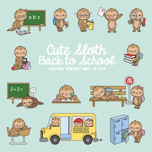 Premium Vector Clipart - Kawaii Sloths Back To School - Cute Sloths Clipart Set - High Quality Vectors - Kawaii School Clipart