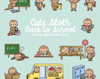 Premium Vector Clipart - Kawaii Sloths Back To School - Cute Sloths Clipart Set - High Quality Vectors - Kawaii School Clipart