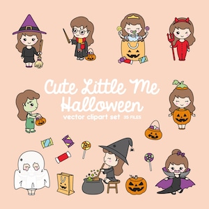 May include: A set of 10 cute Halloween clip art illustrations featuring characters dressed in costumes like a witch, a vampire, a ghost, and a zombie. The illustrations are in a cartoon style and feature bright colors.