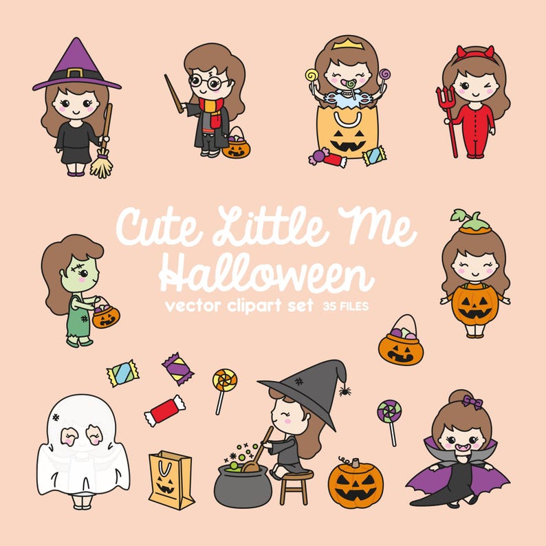 May include: A set of 10 cute Halloween clip art illustrations featuring characters dressed in costumes like a witch, a vampire, a ghost, and a zombie. The illustrations are in a cartoon style and feature bright colors.