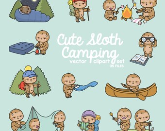 Premium vectorclipart - kawaii luiaard - schattige luiaard camping-clipartset - direct downloaden - kawaii-clipart