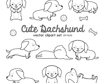 Premium Vector Clipart - Kawaii Dachshund - Dachshund Clipart Set - High Quality Vectors  - Kawaii Sausage Dog - Outlines - Black and White